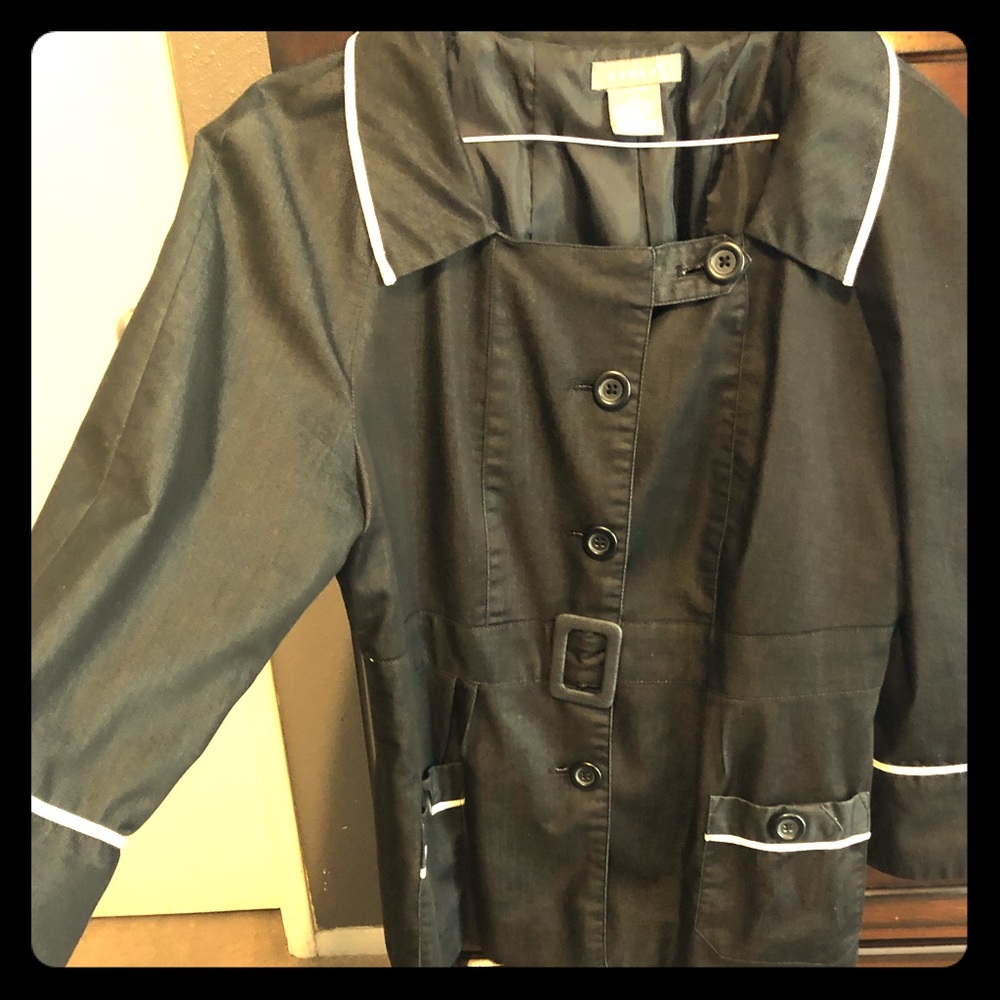 Black jacket with white piping and midriff buckle